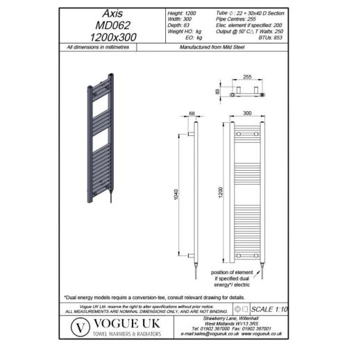 Vogue Axis 1200 x 300mm Straight Ladder Towel Rail Heating Only Chrome 853BTU MD062 MS12030CP